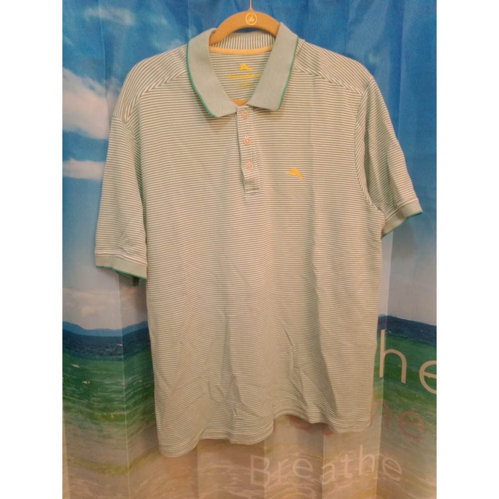 Tommy Bahama Men XL Polo Short Sleeve Shirt Green Stripe Cotton Blend B9